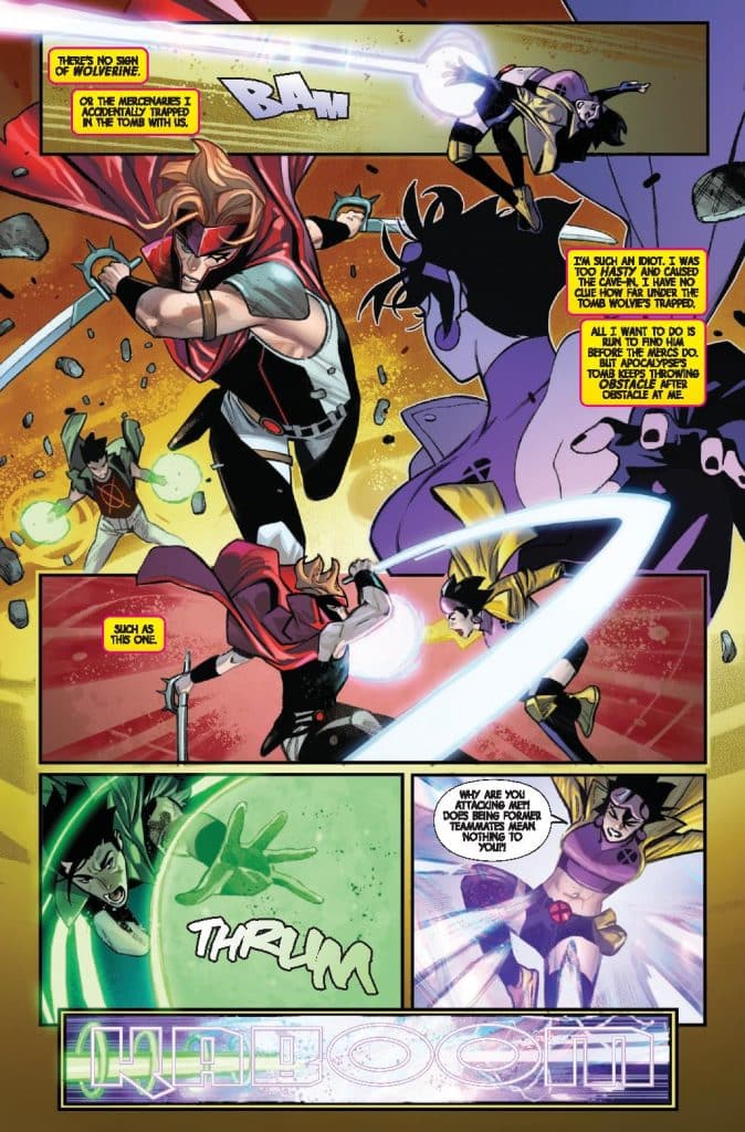 A dynamic comic book scene featuring several characters engaged in an intense battle, with bright action effects and colorful speech bubbles highlighting their dialogue. The characters include a male figure with a sword, a female character unleashing energy, and another character questioning the motive behind their attacks.