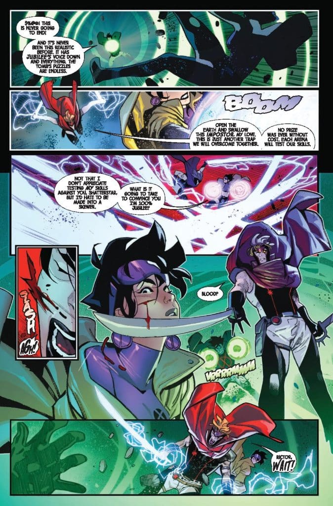 A comic book page featuring a dramatic confrontation between two characters in a mystical setting. One character is seen with a sword, while the other appears distressed with a bleeding injury. Bright energy effects and expressions emphasize the tension of the scene.