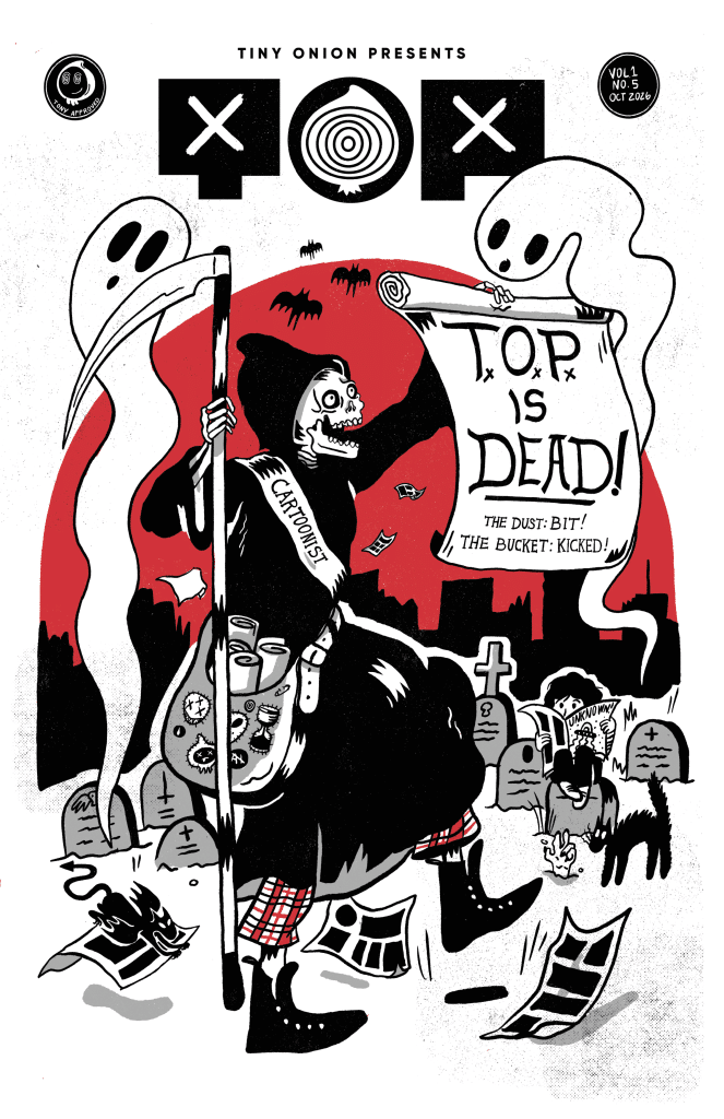 An illustrated comic cover featuring a grim reaper character holding a banner that reads 'TOP is DEAD!' with a graveyard backdrop and various spooky elements.