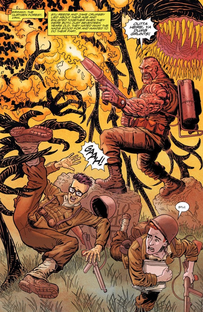 A chaotic comic book scene set in a forest during World War II, featuring two young soldiers, one with glasses and the other in a helmet, reacting in shock and fear. A muscular soldier with a weapon is firing at a monstrous creature surrounded by twisted vines and flames.