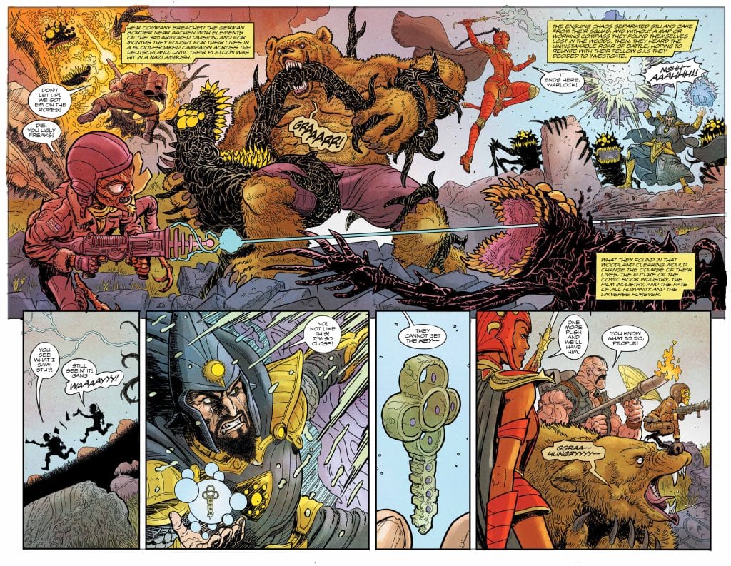 A chaotic scene depicting various characters engaged in battle, including a bear and monstrous creatures. A character in a red suit is using a weapon against an enemy. A villain in a golden outfit holds a glowing key while others strategize around him. The backdrop shows an apocalyptic landscape with explosions and debris.