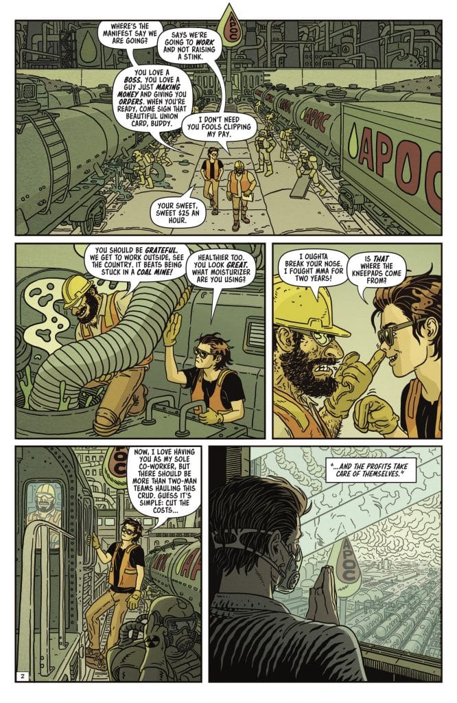 A comic book page featuring two characters engaged in a conversation about work, featuring dialogue about job conditions and personal remarks. One character is wearing a hard hat, and the other is in casual clothing, highlighting an industrial setting with machinery and train cars in the background.