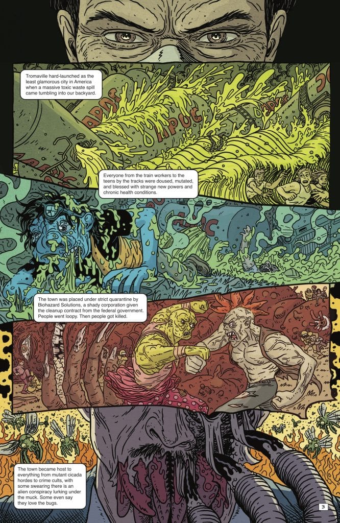 A graphic novel page depicting a toxic waste spill in a city, with characters reacting to mutations and strange powers caused by the spill. Illustrations show transformed beings engaged in conflicts, accompanied by descriptions of the town's descent into chaos and quarantine.