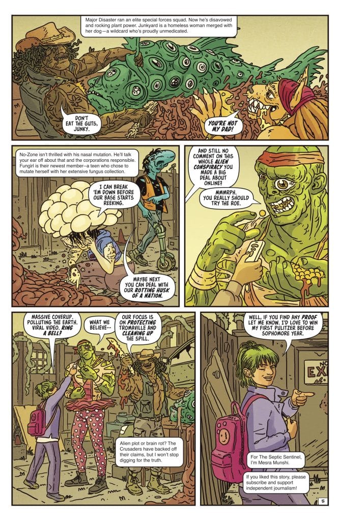 A comic book scene featuring quirky, mutated characters in a chaotic urban environment. Major Disaster, a disheveled character, interacts with a woman merged with a dog, while another character discusses mutation and conspiracies.