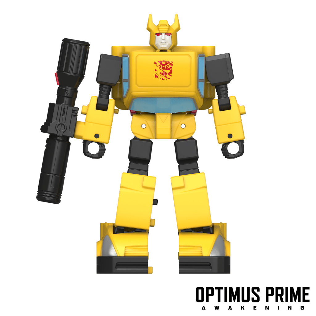 A yellow toy robot with a blaster, featuring a blue chest panel and a red emblem, standing upright.