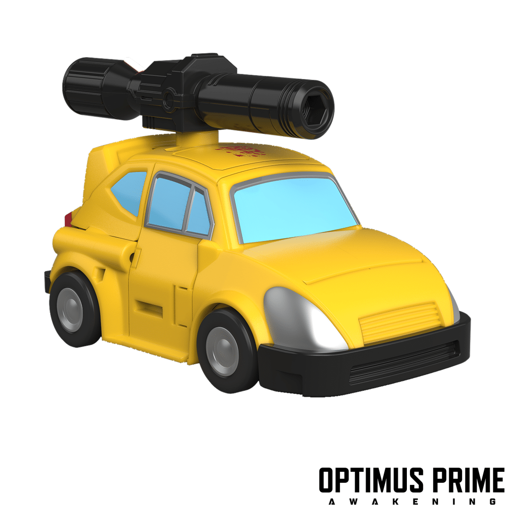 A toy car in yellow with a black weapon mounted on top, featuring cartoonish design elements and blue windows, labeled as 'Optimus Prime: Awakening'.