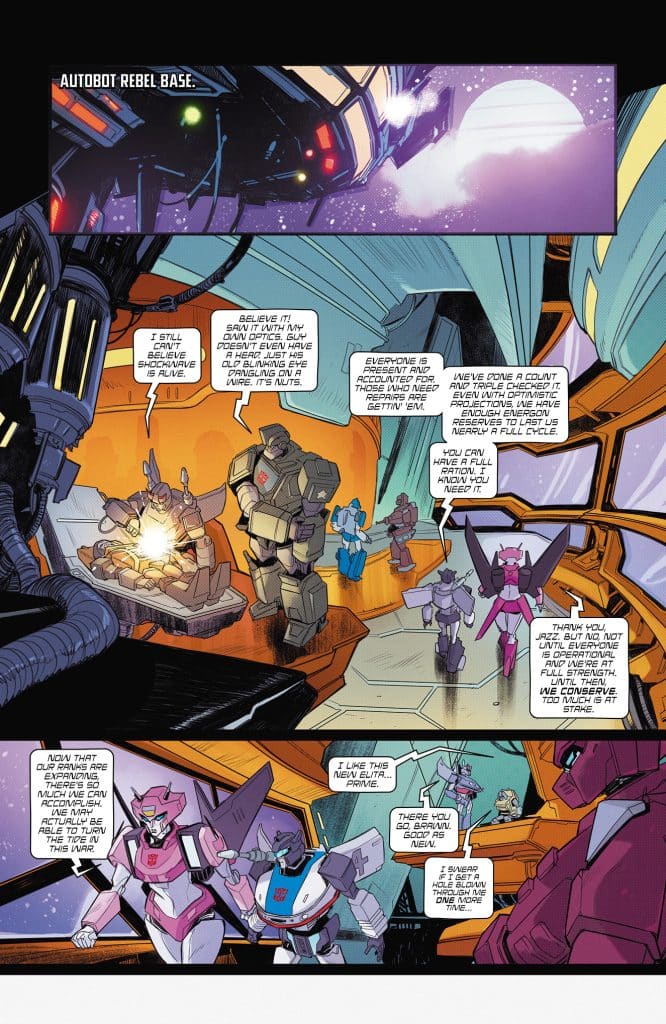 A scene from a comic book set in an Autobot rebel base, featuring various robotic characters discussing a recent event. The background shows a celestial view with a planet and stars.