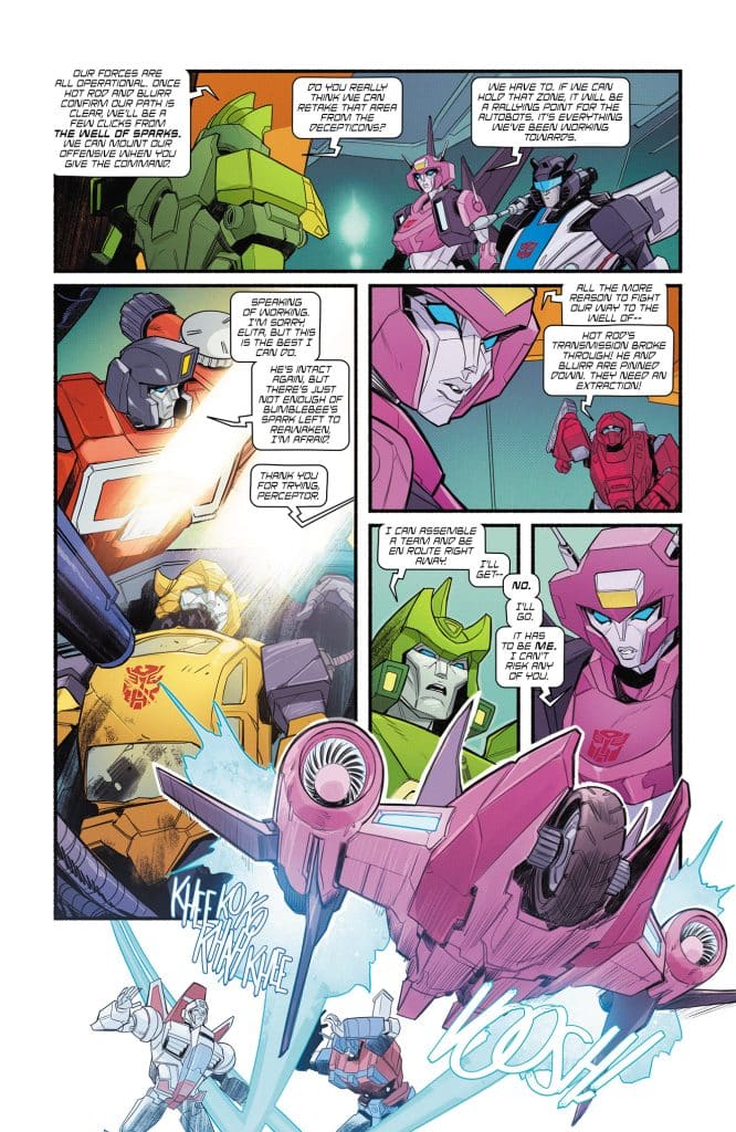 A comic book page featuring several robotic characters engaged in a conversation about a mission. The characters display various colored designs and expressions, discussing strategies and abilities. Action effects like 'KLEEK' and 'KOOSH' are illustrated, indicating movement and intensity.