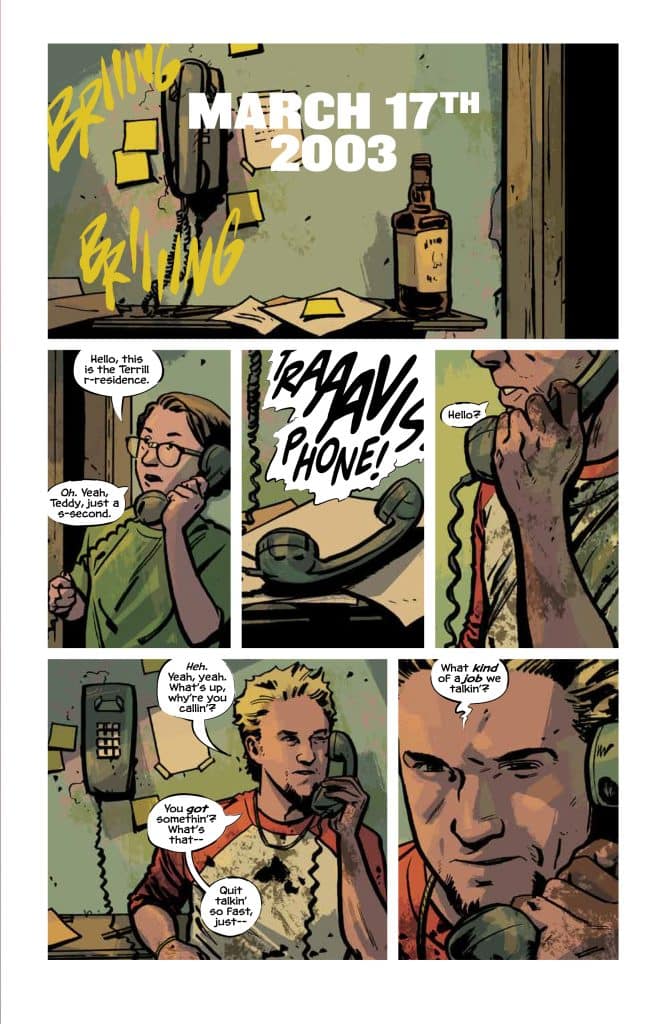 Comic panel depicting a phone call on March 17th, 2003, featuring two characters speaking on landline phones. One character is shown with glasses and a green shirt, while the other has tousled blond hair and is wearing a red shirt. There are speech bubbles indicating their dialogue.