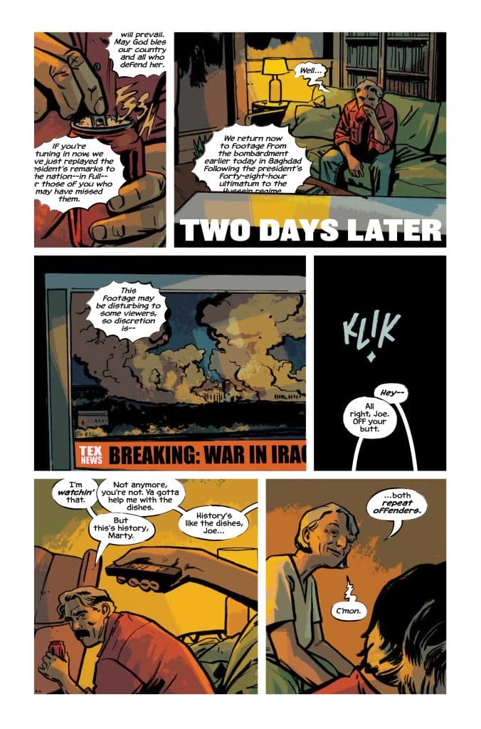 Comic panel depicting a conversation between two characters about watching news footage of the war in Iraq, with a caption reading 'TWO DAYS LATER.'