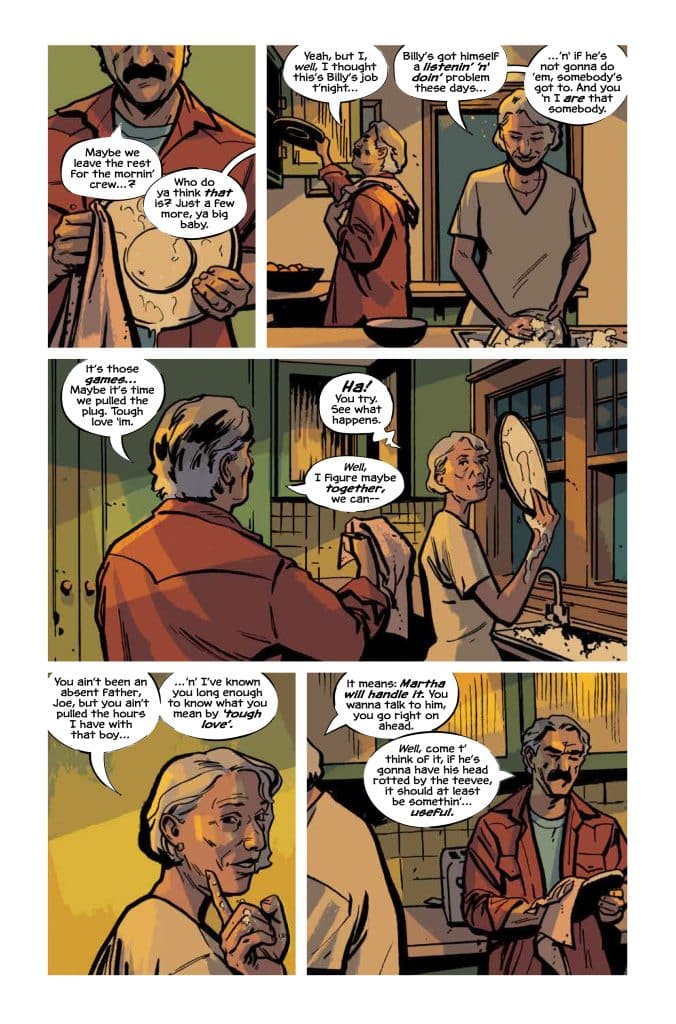 A comic panel showing a conversation between two men in a kitchen, one preparing food while the other stands at the sink. The dialogue reflects a discussion about a third person named Billy and his issues.