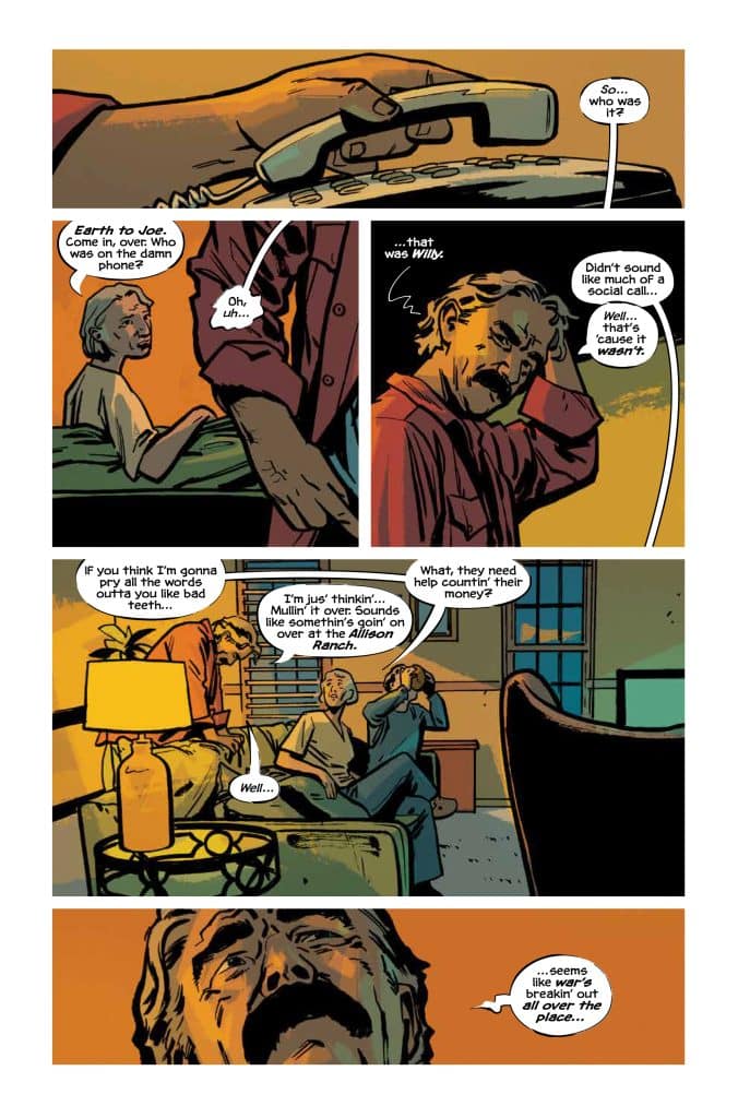 A comic panel featuring three characters discussing a phone call. One character is holding a phone, while another sits on a bed and the third is deep in thought. They express concern about a situation at the Allison Ranch and mention an impending conflict.