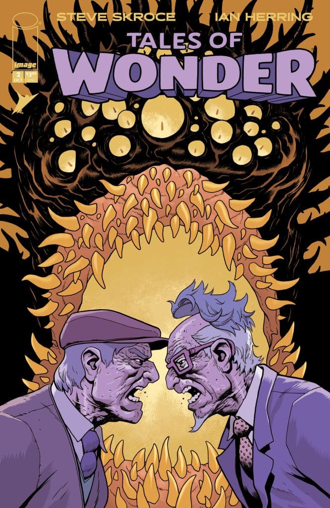 Comic book cover titled 'Tales of Wonder' featuring two elderly men in a heated argument, set against a surreal backdrop of monstrous, swirling shapes.