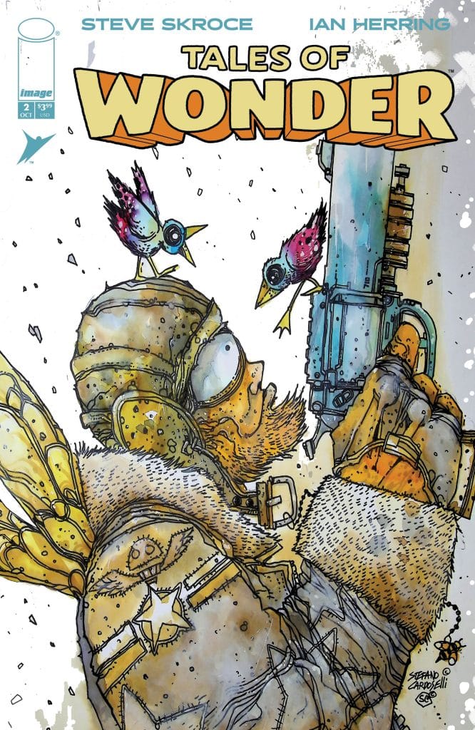 Comic cover featuring a character with animal companions, wearing a pilot-style helmet and a fur-lined jacket, holding a firearm, with a colorful background.