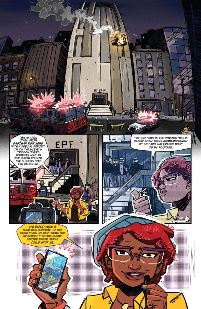A comic panel depicting a character reporting live outside a building labeled 'EPF'. Fire trucks and police cars are visible, with smoke rising from the building. The character, with red hair and glasses, is holding a smartphone and sharing news about an explosion that rocked the building.