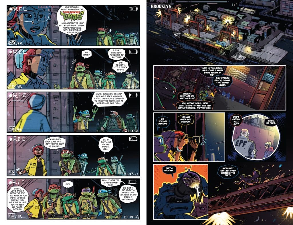 Comic book panel depicting characters discussing a mission, with a humorous exchange among Teenage Mutant Ninja Turtles and their friend April.