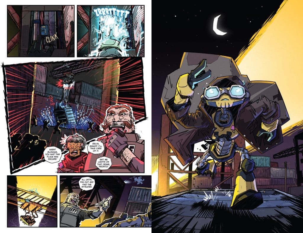 A comic book page featuring a scene with a futuristic robot character wearing glasses and a coat, running energetically at night, with a crescent moon in the background. The left side includes panels showing a dialogue between two characters in a dimly lit environment, with dramatic visual effects like lights and sparks.