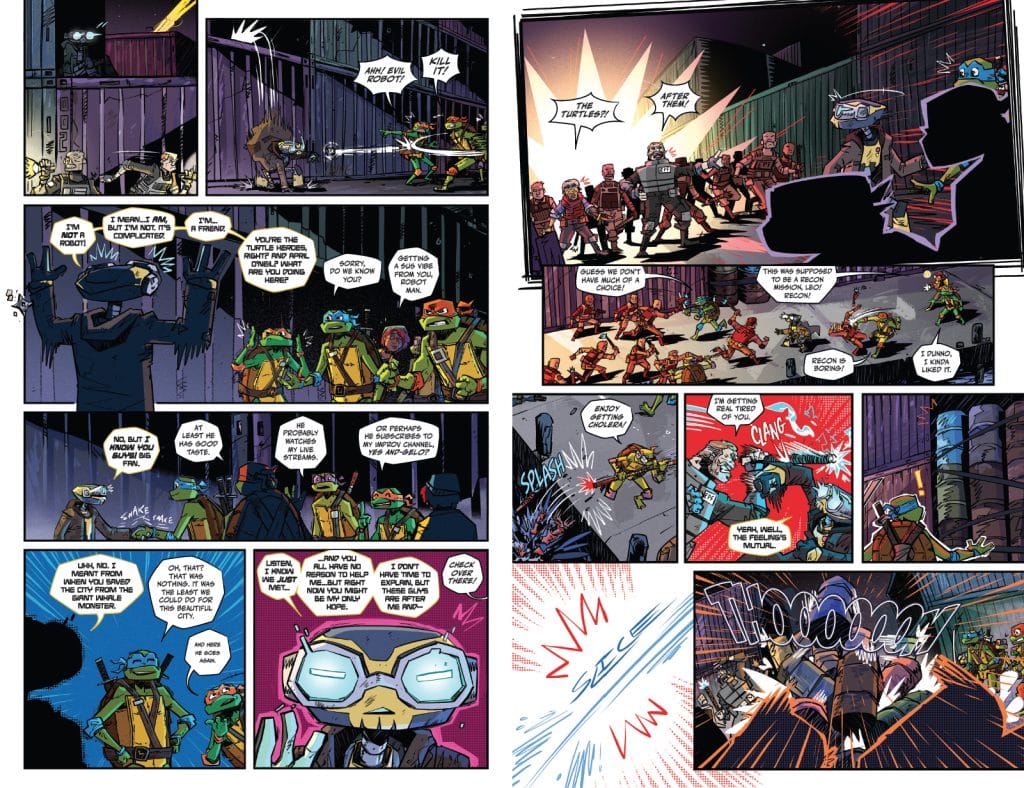Comic page featuring anthropomorphic turtles discussing a robot and facing off against enemies in a chaotic battle scene, with speech bubbles conveying dialogue and action sequences.