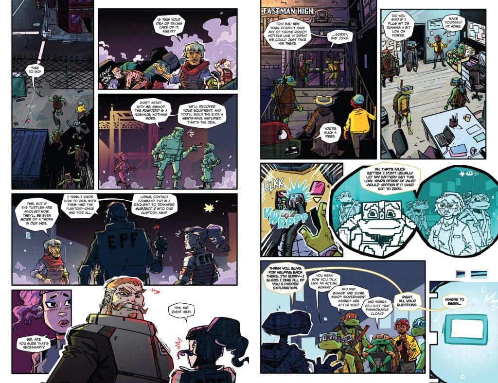 A comic book page featuring colorful illustrations of characters in a futuristic urban setting, discussing interactions with robotic figures and the concept of transferring custody.