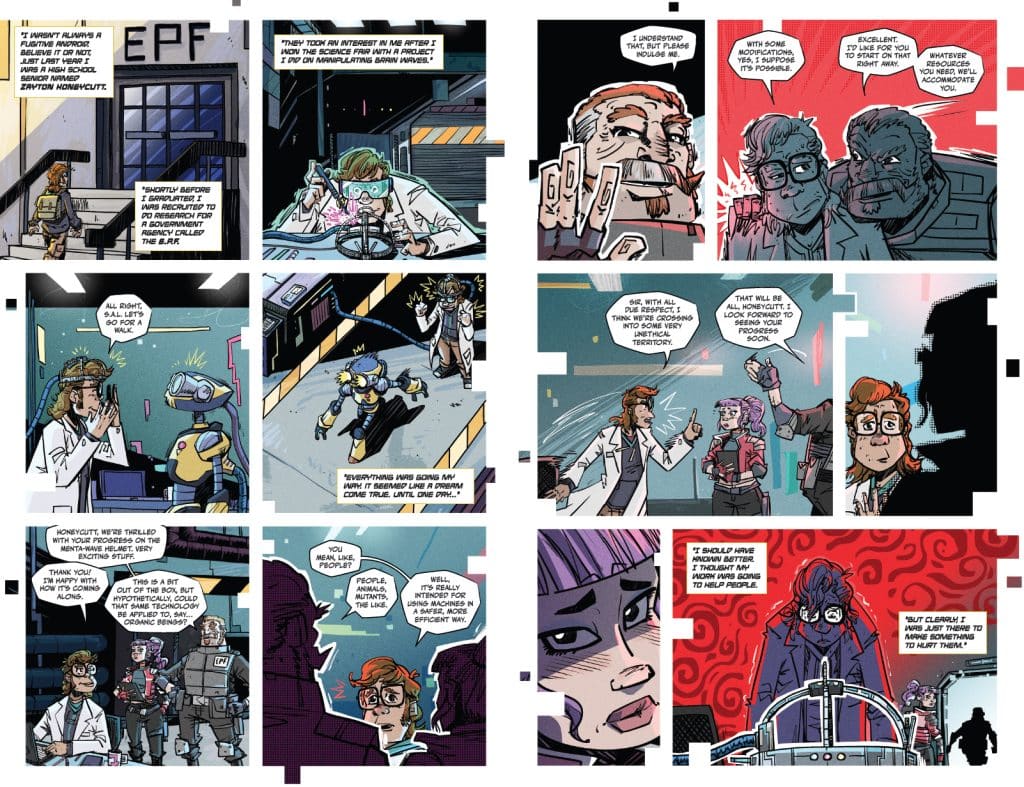 A comic page featuring multiple panels with characters discussing a scientific project. The scenes depict a laboratory setting with a mix of humanoid and non-humanoid characters engaged in conversation about experiments and ethical considerations. One character expresses excitement about progress, while others reflect on the complexities of their work.