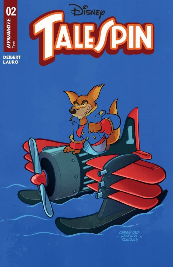 Cover of Disney's Talespin comic featuring a cartoon fox in a pilot's outfit, flying a red and black plane over blue water.