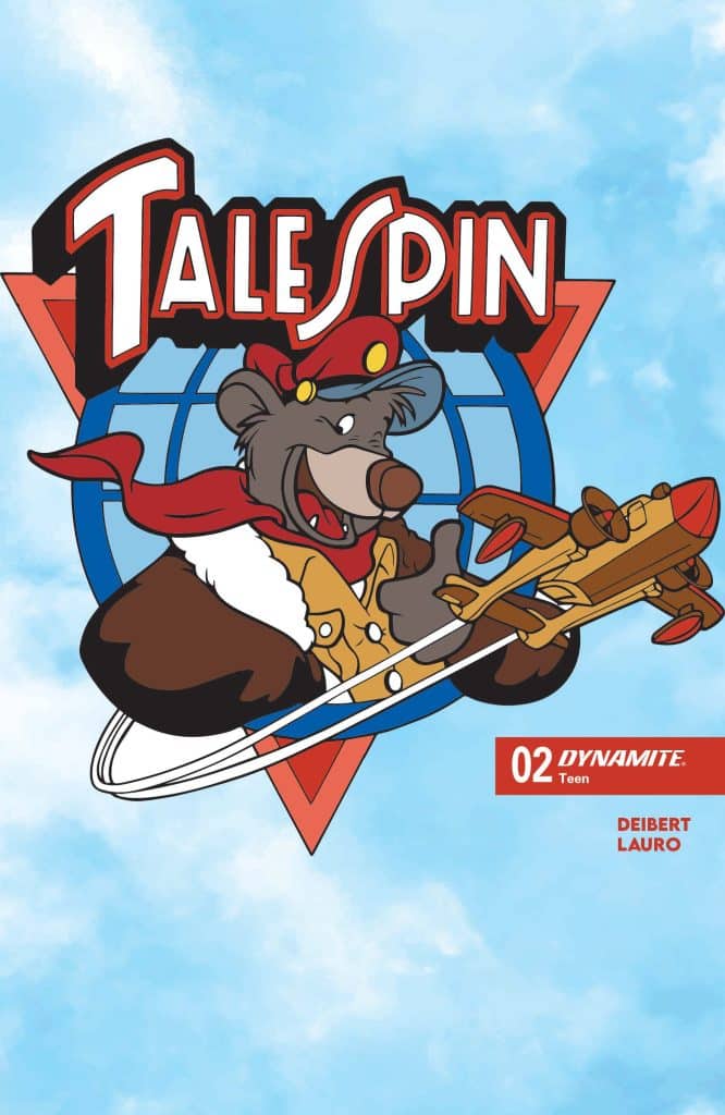 Cover art for 'TaleSpin' comic featuring a bear character dressed in a pilot outfit, holding a toy airplane with a blue sky background.