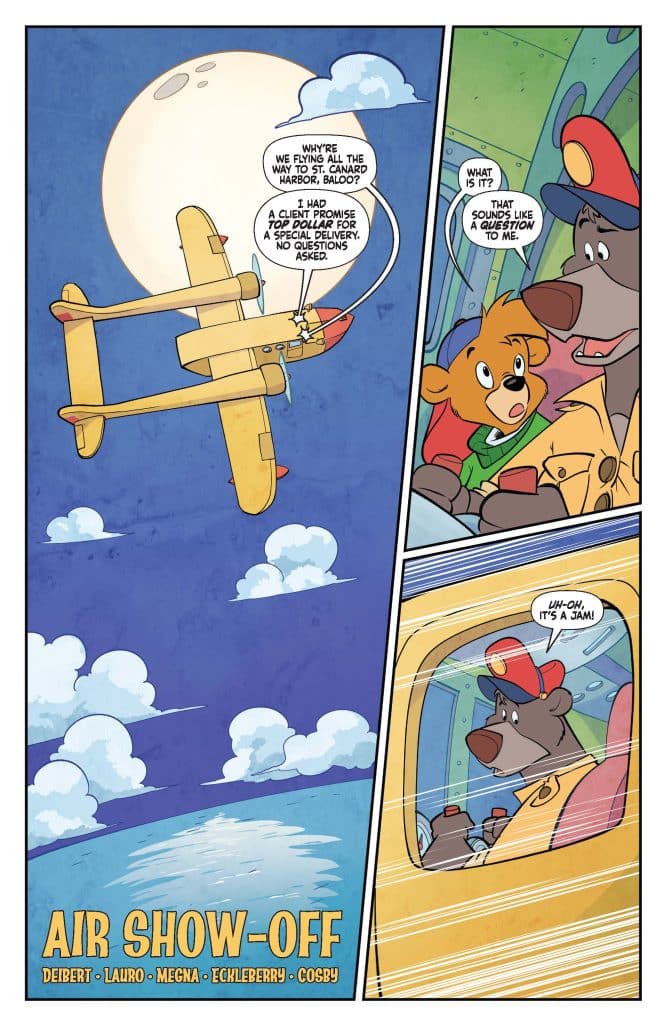 A cartoonish scene featuring two characters in a small plane, flying through a cloudy sky. The plane has a yellow body and red accents. One character, a bear in a pilot's uniform, appears concerned while the other, a small animal, asks a question. The background includes a large moon and whimsical clouds.