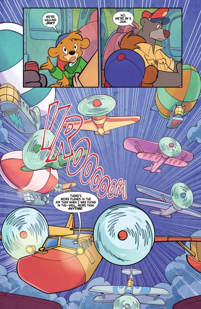 A colorful comic panel featuring a dog and a bear in an aircraft discussing a jam. The dog looks surprised, while the bear clarifies they are in a traffic jam. In the background, various aircraft, including biplanes and balloons, fill the sky with motion lines and sound effects like 'VROOOOOM'.