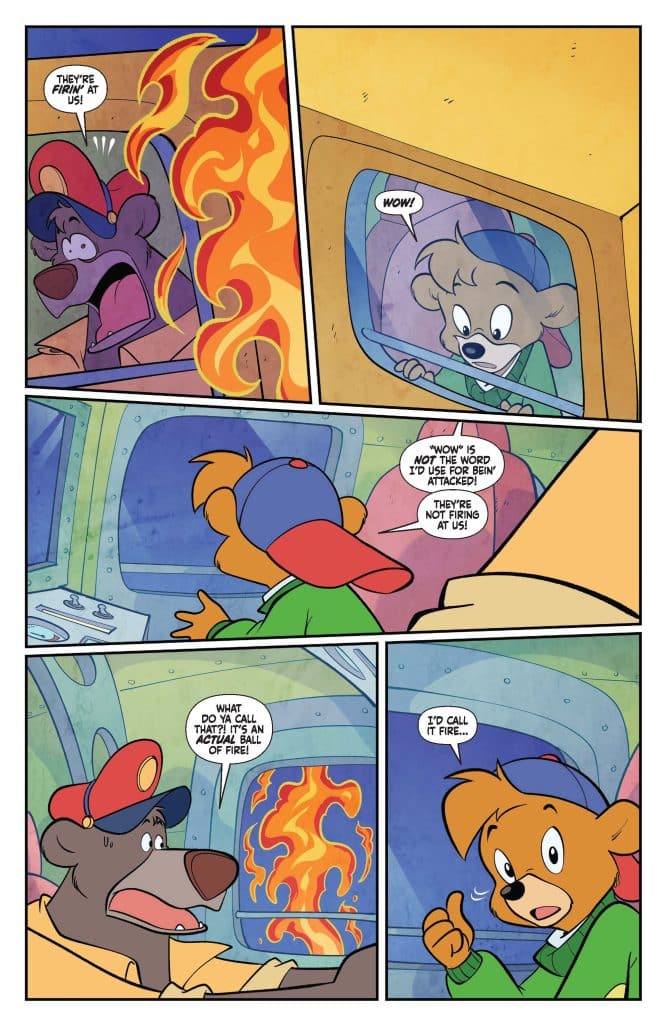 A comic strip featuring two animal characters: a bear in a red hat and a small dog. The first panel shows the bear reacting to flames outside the window. The second panel shows the dog commenting on the situation, followed by the bear expressing confusion about a fire.