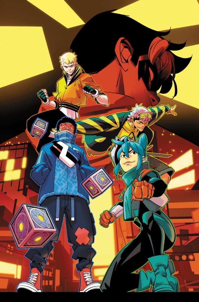 A dynamic comic book illustration featuring four stylized characters in an urban setting, with vibrant colors and geometric shapes in the background. The characters are striking poses, showcasing their unique styles and accessories, including colorful cubes.