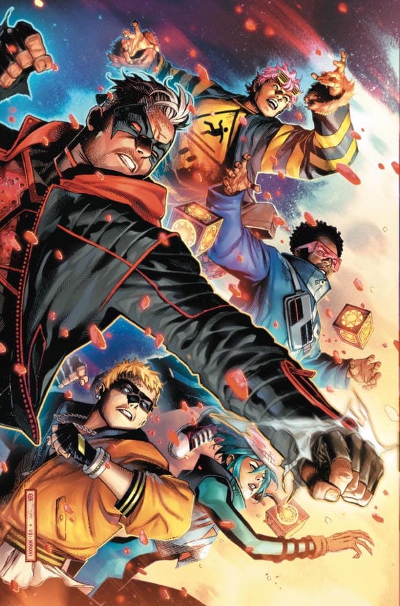 Group of five diverse superheroes striking dynamic poses against a cosmic backdrop, showcasing their powers and teamwork.