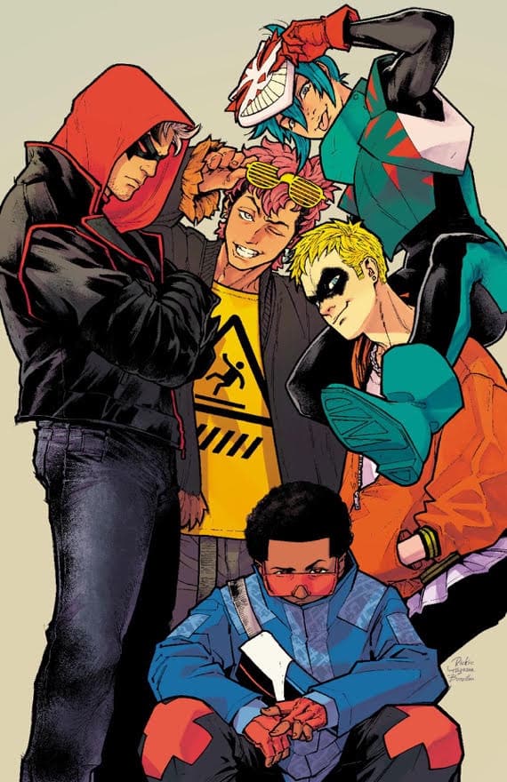 A group of five young superhero characters in various colorful costumes and poses, standing against a light background. One character wears a red hooded jacket, while another has blue hair and a mask. The scene portrays a sense of camaraderie among the group.
