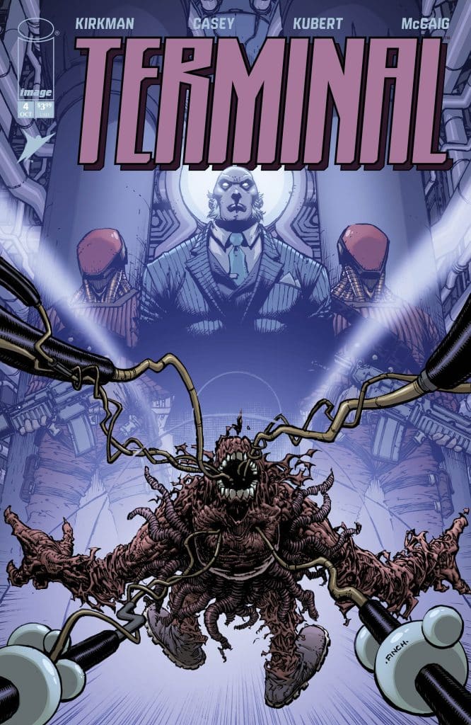 Comic book cover featuring a monstrous creature with tentacle-like appendages, set against a futuristic background, with two armored figures and a central, suited character.