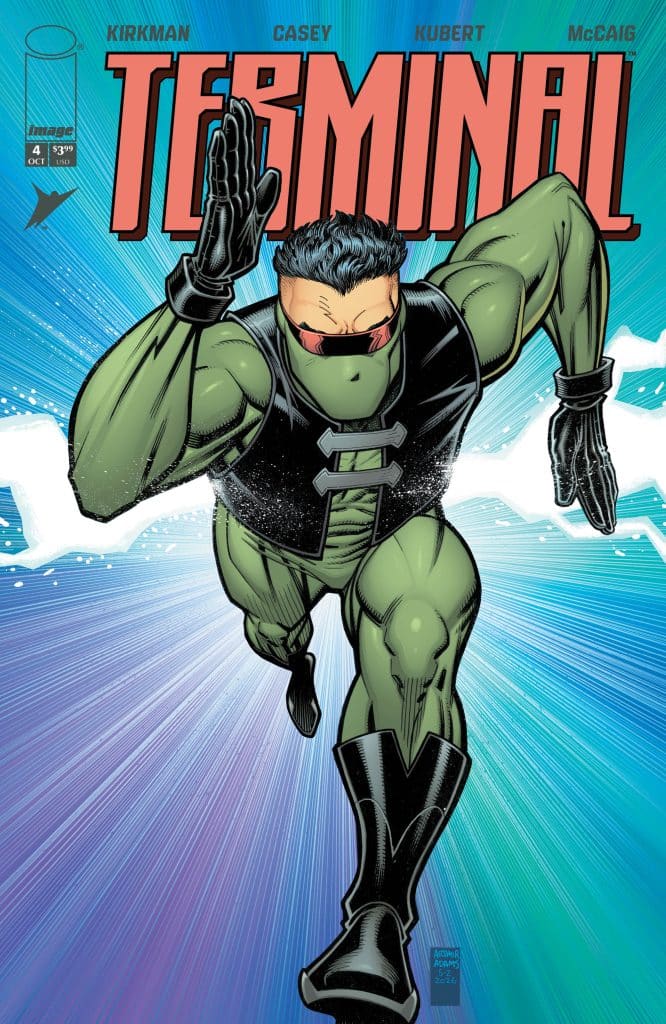 Comic book cover featuring a muscular superhero in a green and black suit, running with one hand raised. The title 'TERMINAL' is prominently displayed at the top.