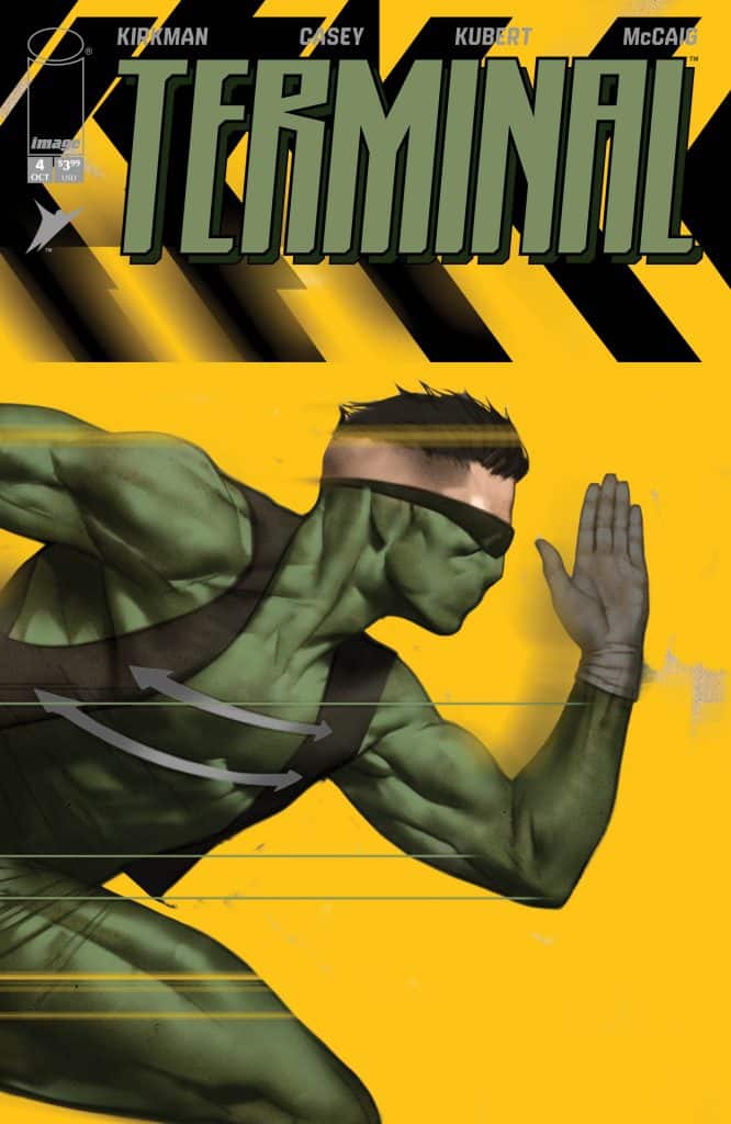 Comic book cover of 'Terminal' featuring a green muscular character running forward against a bright yellow background.