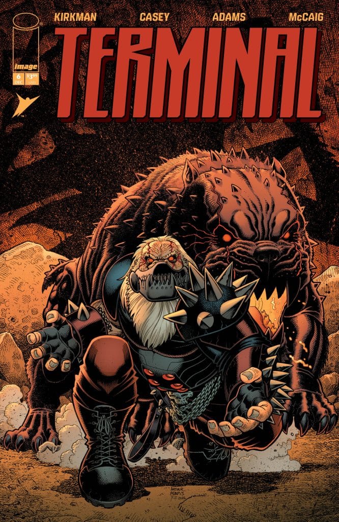 Comic book cover titled 'Terminal' featuring a muscular character with spiked armor and a fierce expression, accompanied by a large, intimidating creature behind him, with dramatic colors and dynamic poses.