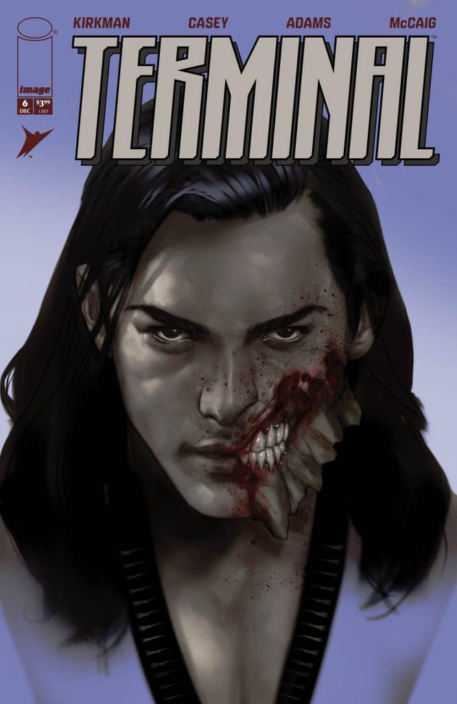 Comic book cover featuring a male character with long dark hair, a partially destroyed face revealing sharp teeth and blood, titled 'TERMINAL' at the top.
