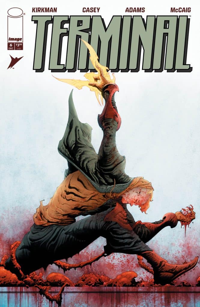 Cover art for the comic 'Terminal' featuring a dramatic, blood-splattered scene with a figure in a dark outfit and yellow elements, set against a stark background.