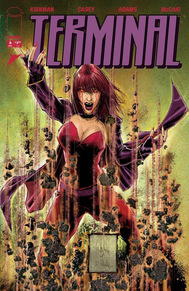 Comic book cover for 'Terminal' featuring a fierce woman with red hair in a red outfit, surrounded by debris and intense colors, expressing a powerful emotion.