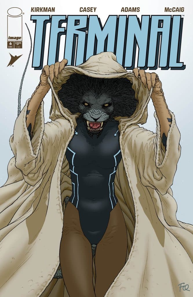 Comic book cover featuring a character with a lion-like face wearing a black bodysuit and a beige cloak, titled 'TERMINAL'.