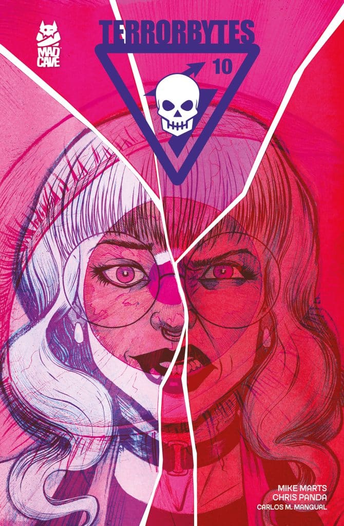 Cover of 'Terrorbytes' issue 10 featuring a split illustration of a woman with bold pink and purple colors, a skull icon within a triangle, and the text 'TERRORBYTES 10'.
