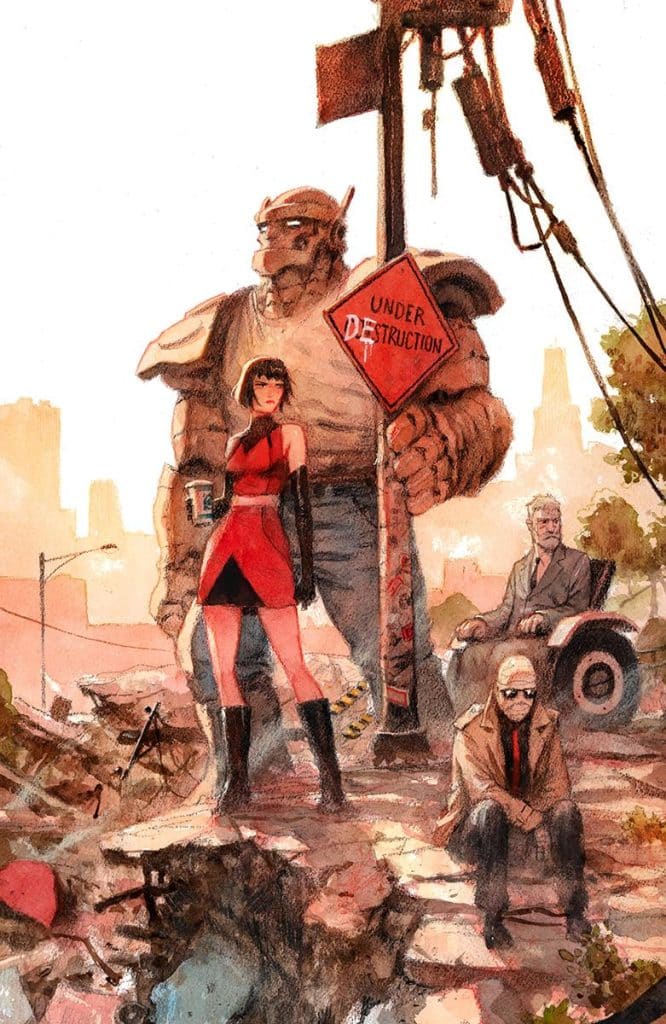 A group of three characters stands in a post-apocalyptic landscape. A large, armored figure towers over a woman in a red dress, while a seated man in a wheelchair and another man in sunglasses observe the surroundings. A sign reading 'UNDER DESTRUCTION' is prominently displayed in the background.