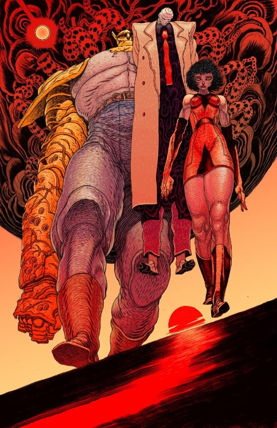 A stylized illustration featuring three characters walking against a surreal, red and orange background, with abstract shapes and a glowing sun. The characters include a large bearded man in a coat, a slim figure in a skin-tight outfit, and another character with a shadowy appearance.