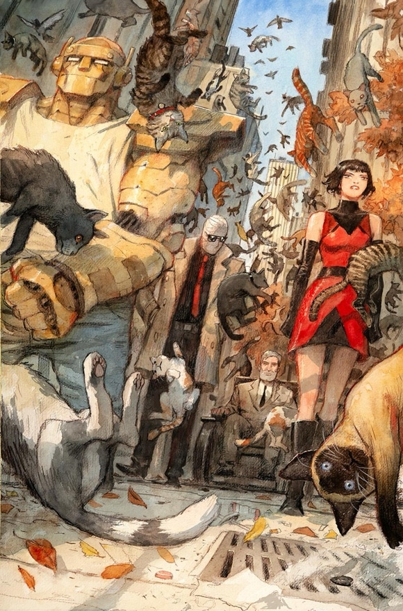 A colorful illustration featuring a large robot, a woman in a red dress, and several cats in an urban setting with falling leaves.
