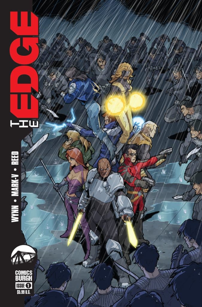 Comic book cover featuring a group of diverse superheroes in a rainy, dramatic setting, with one holding glowing orbs and another wielding swords, while a crowd of onlookers is visible in the foreground.
