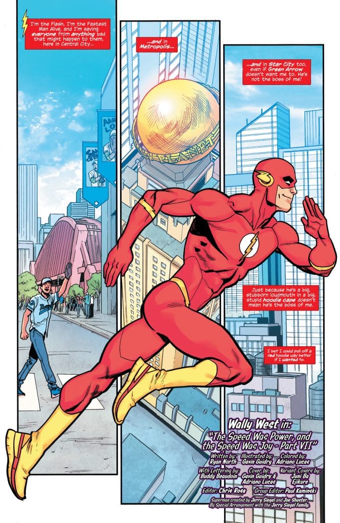 Illustration of The Flash, a superhero in a red costume with a lightning bolt emblem, running through a cityscape. Text boxes highlight his abilities and focus on his mission to save others.