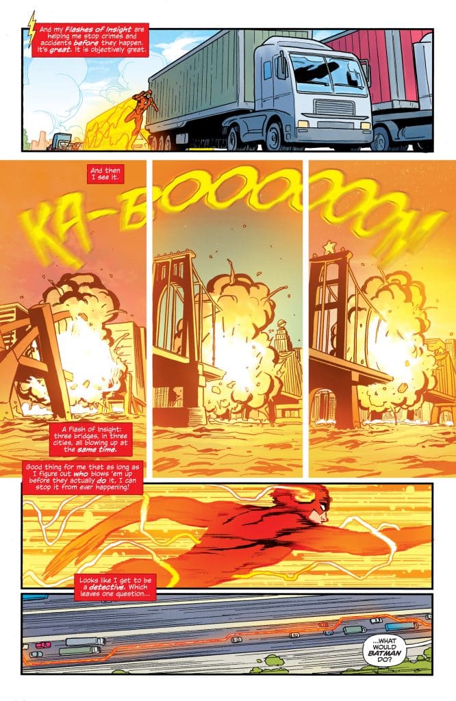 A comic panel featuring a superhero in a red costume racing towards an explosion in the background, with text describing his insights preventing disasters. The middle panel prominently displays 'KA-BOOOOOOM' as bridges explode.