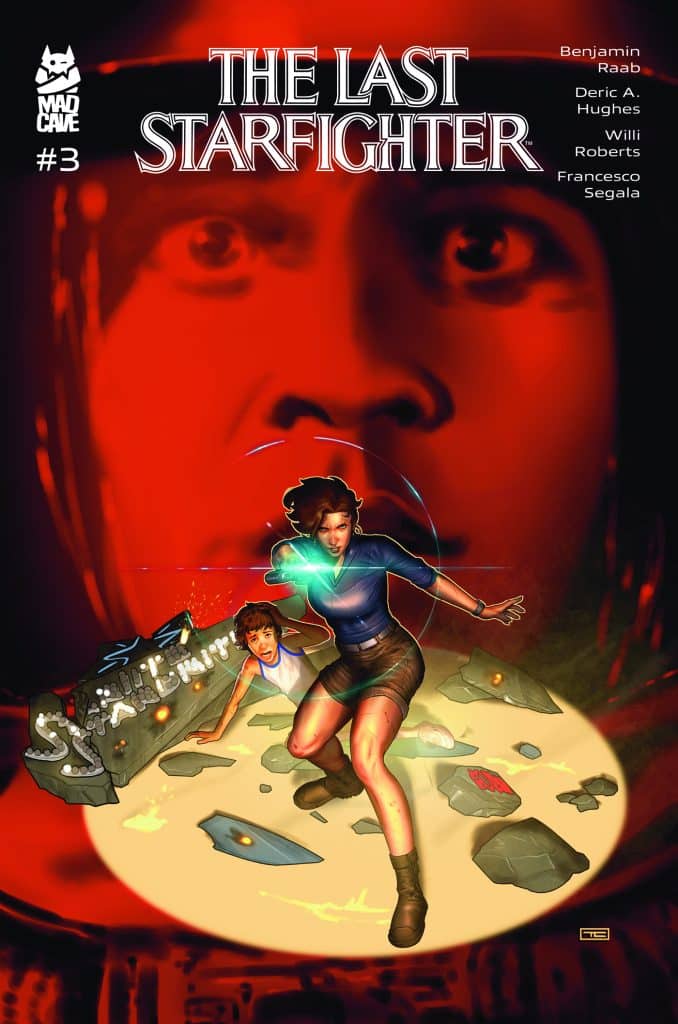 Comic book cover for 'The Last Starfighter' #3 featuring two characters, one in a blue shirt wielding energy and another in a white tank top, amidst debris and glowing elements.