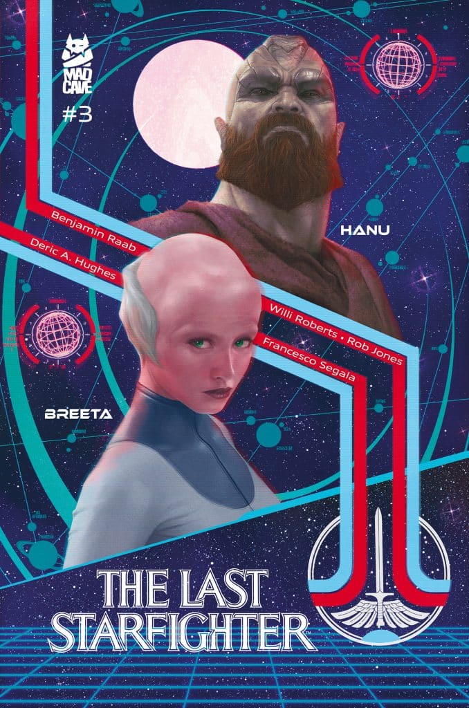 Cover of 'The Last Starfighter' comic issue #3 featuring two main characters: a humanoid male with a beard named Hanu and an alien female named Breeta. The background is a starry space scene with graphical elements.