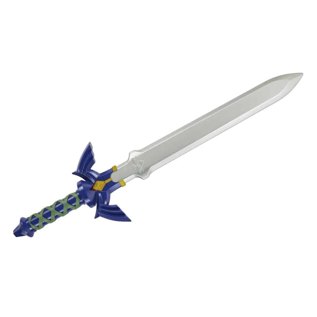 A decorative sword with a silver blade and a blue and green hilt featuring intricate designs.